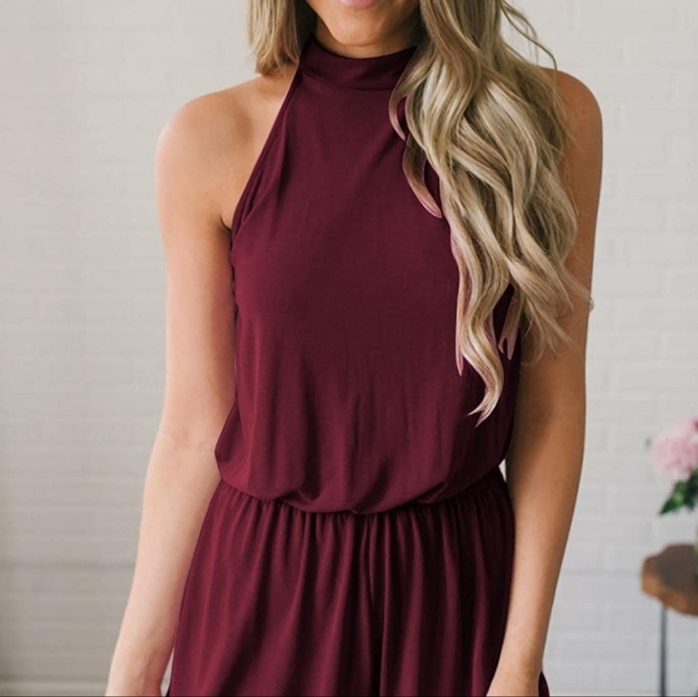 MEROKEETY Halter Neck Elastic Waist Solid Color Jumpsuit Size Med (NEVER WORN)
